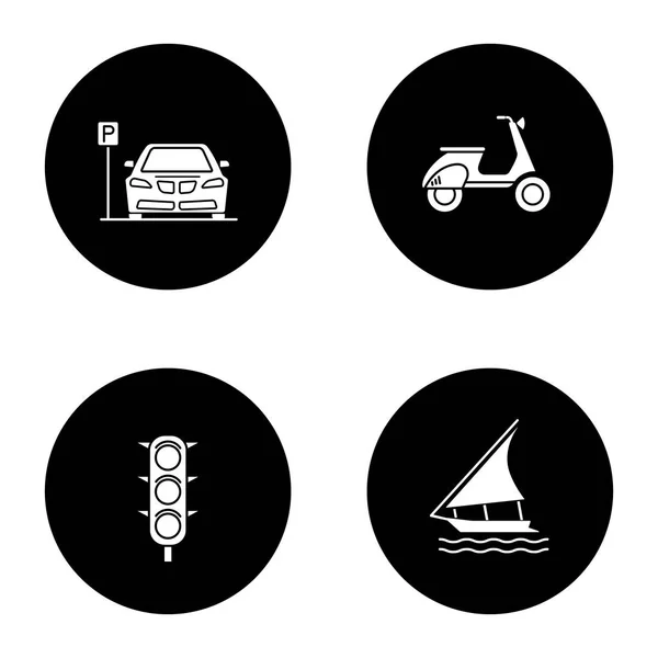 Set Icone Del Glifo Dei Trasporti Pubblici Zona Parcheggio Scooter — Vettoriale Stock
