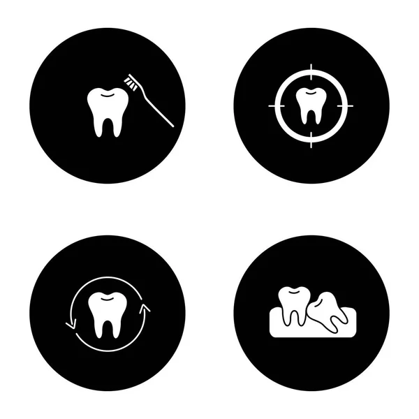 Sada Stomatologie Ikony Glyfů Čištění Zubů Cíl Zuby Zubní Plomba — Stockový vektor