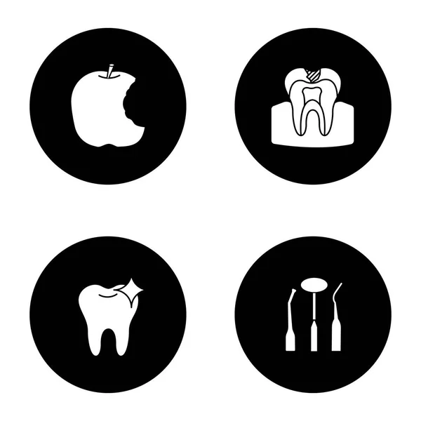 Ensemble Icônes Glyphe Dentisterie Pomme Mordue Caries Dent Brillante Instruments — Image vectorielle