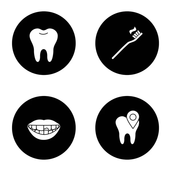 Ensemble Icônes Glyphe Dentisterie Dent Saine Emplacement Clinique Dentaire Dent — Image vectorielle