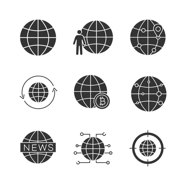 Wereldwijd Glyph Iconen Set Globe Planeet Bevolking Internationale Traject Rond — Stockvector