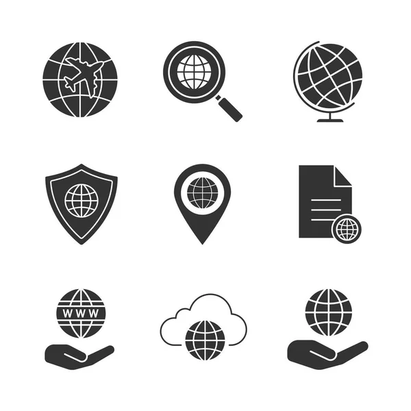 Wereldwijd Glyph Iconen Set Internationale Vlucht Globaal Onderzoek Globe Veilige — Stockvector