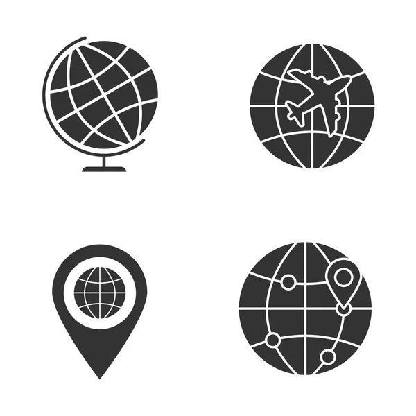 Conjunto Iconos Del Glifo Mundial Globo Mundial Vuelo Internacional Localización — Vector de stock