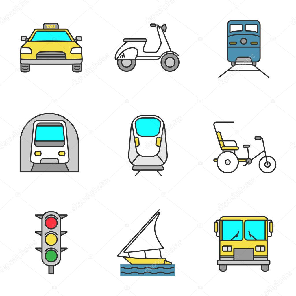 Public transport color icons set: Taxi, scooter, train, metro, transrapid, cycle rickshaw, traffic lights, sailing boat, bus