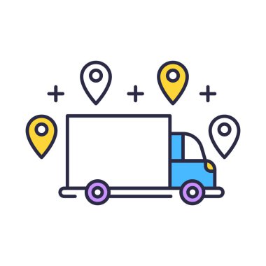 Teslimat seçeneği renk simgesi. Çevrimiçi sipariş izleme. E ticaret konsepti. Konum işaretli hızlı nakliye kamyonu. Teslimat servisi. Lojistik ve dağıtım. İzole vektör illüstrasyonu