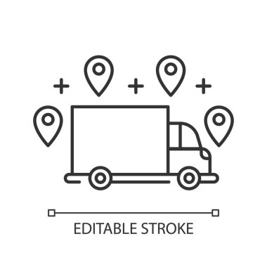 Sevkiyat seçeneği doğrusal simgesi. Çevrimiçi sipariş izleme. Konum işaretli bir nakliye kamyonu. Teslimat servisi. İnce çizgili çizim. Contour sembolü. Vektör izole çizim. Düzenlenebilir vuruş