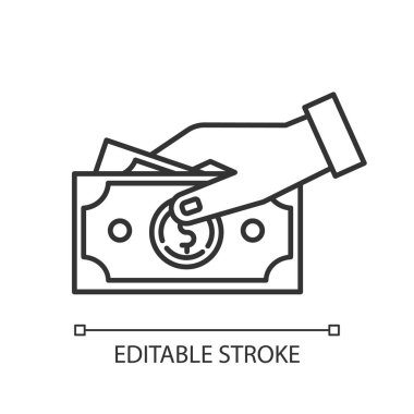 Nakit doğrusal ikona göre ödeme. El ele tutuşan dolar banknotları. Para iadesi. Rüşvet ve yolsuzluk. İnce çizgili çizim. Contour sembolü. Vektör izole çizim. Düzenlenebilir vuruş