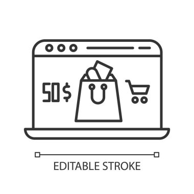 Çevrimiçi uygulama doğrusal simgesi. Alışveriş çantalı dizüstü bilgisayar ekranı. İnternet dükkanında mal seçmek. E ticaret. İnce çizgili çizim. Contour sembolü. Vektör izole çizim. Düzenlenebilir vuruş