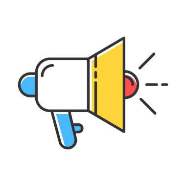 Tanıtım araçları renk simgesi. Megafon. Bilgilendirici müşteriler. Reklam kampanyası. Pazarlama ürünü. Hoparlör, megafon. Propaganda sembolü. İzole vektör illüstrasyonu