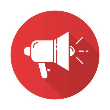 Promosyon araçları kırmızı düz tasarım uzun gölge simgesi. Megafon. Bilgilendirici müşteriler. Reklam kampanyası. Pazarlama ürünü. Hoparlör, megafon. Propaganda sembolü. Vektör silueti çizimi