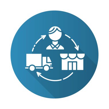 Mavi düz tasarım, uzun gölge simgesi indiriliyor. Teslimatı bırak. Müşteriye sipariş ve ürün teslimatı. Mal taşımacılığı. E ticaret. Satış işi. Vektör silueti çizimi