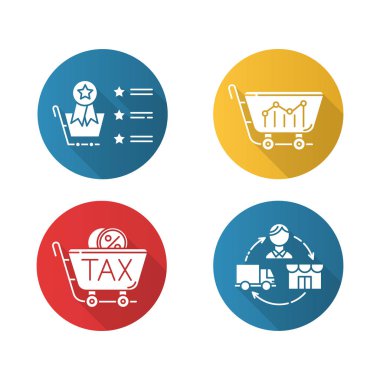 Düz tasarım, uzun gölge sembolleri seti. Pazarlama araştırması. En çok satanlar listesi, analitik satışı, satış vergisi kimliği, teslimat. Ürün tanıtımı. Vektör silueti çizimi