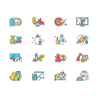 E ticaret departmanları renk simgeleri ayarlandı. Online alışveriş kategorileri. Güzellik ve kişisel bakım. Moda. Mücevher ve saat. Otomobil parçaları. Spor ve açık hava. İzole vektör çizimleri