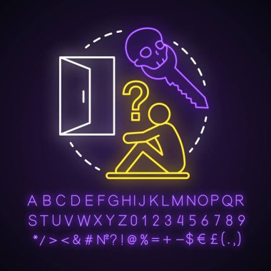 Korku kaçış odası neon ışık konsepti ikonu. Korkunç bir oyun fikri. Sorun çözme, çözüm bulma. Çıkışı arıyorum. Alfabe, sayılar ve sembollerle parlayan işaret. Vektör izole illüstrasyonu