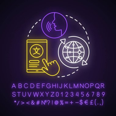 Oyun dili neon ışık konsepti simgesi seçin. Tercüme DEA 'sını seçin. Çok dilli iletişim. Dilsel özellikler. Alfabe, sayılar ve sembollerle parlayan işaret. Vektör izole illüstrasyonu