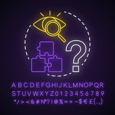 Bulmaca neon ışığı konsepti ikonu. Macera oyunu fikri. Cevap, ipucu arıyorum. Yapboz parçaları. Sorunu çözüyorum, çözümü arıyorum. Alfabeyle parlayan işaret, sayılar. Vektör izole illüstrasyonu