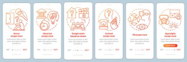 Kaçış odası tipleri doğrusal kavramlı mobil uygulama sayfası ekranında. Görev oyunu kırmızı gradyan kategorileri. Grafik çizelgelerini incele. Ux, Ui, resimli Gui vektör şablonu