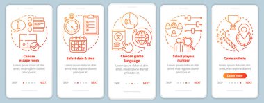 Kaçış odası seyyar uygulama sayfası ekranında doğrusal kavramlarla dolu özel ders rezervasyonu. Görev tarihini seçin. Red Alkthrough adımları grafik talimatlar. Ux, Ui, resimli Gui vektör şablonu