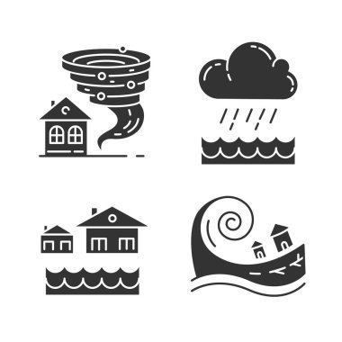 Doğal afet sembolleri ayarlandı. Küresel iklim tehlikeyi değiştirir. Kasırga, sel, sağanak, tsunami. Jeolojik, atmosferik felaketler. Siluet sembolleri. Vektör izole illüstrasyonu