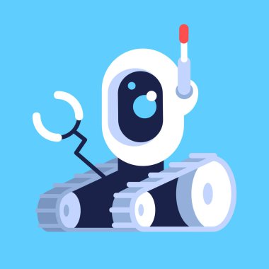 Robotik araç düz vektör çizimi. Uzaktan kumandalı droid aracı. Sibernetik asistan. Akıllı android cihazı. Mavi arka planda izole edilmiş çizgi film oyuncağı