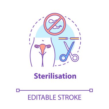 Sterilizasyon cihazı konsepti simgesi. Güvenli seks. Tüp bağlama. Dölyatağı boruları tıkanmış. Kadın cerrahi prosedür fikri ince çizgi çizimi. Vektör izole çizim. Düzenlenebilir vuruş