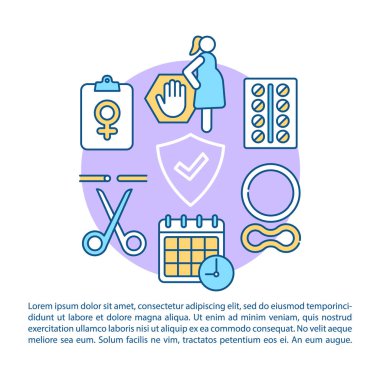 Kadın doğum kontrol sayfası vektör şablonu. Doğum kontrol yöntemleri. Kadın sağlık hizmetleri. Broşür, dergi, doğrusal simgeli kitapçık tasarımı öğesi. Yazdırma tasarımı. İllüstrasyonları metinle kavra