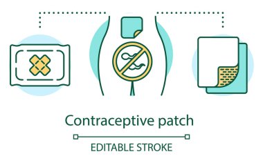 Doğum kontrol bandı konsepti ikonu. Hormonal doğum kontrol yöntemi. İstenmeyen hamilelikten korunma. Güvenli seks fikri ince çizgi çizimi. Vektör izole çizim. Düzenlenebilir vuruş
