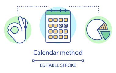 Takvim yöntemi konsept simgesi. Doğum kontrol tekniği. İstenmeyen hamilelikten korunma. Aile planlaması. Güvenli seks fikri ince çizgi çizimi. Vektör izole çizim. Düzenlenebilir vuruş