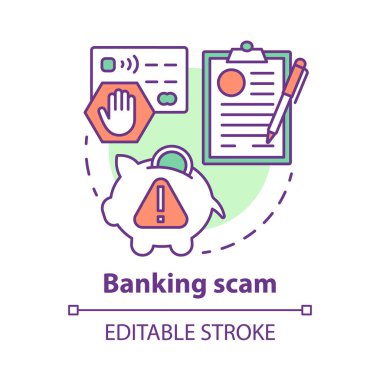 Bankacılık dolandırıcılığı konsepti. Kredi kartı ve online hesap dolandırıcılığı. Banka dolandırıcılığı. Nakit koruma anlaşması fikri ince çizgi çizimi. Vektör izole çizim. Düzenlenebilir vuruş