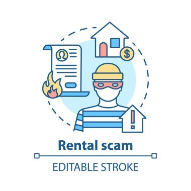 Kiralık dolandırıcılık konsepti ikonu. Konut dolandırıcılığı. Kiralık sahte ev. Kiralık dolandırıcılık. Ev satın alma, ipotekli suç şeması ince çizgili çizim fikri. Vektör izole çizim. Düzenlenebilir vuruş