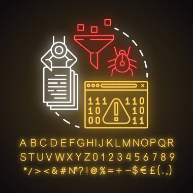Yazılım güncellemesi neon ışık konsepti simgesi. Bilgisayar korsanlığı saldırı tehlikesi. Yazılım hataları ve virüsler. Siber suç fikri. Alfabe, sayılar ve sembollerle parlayan işaret. Vektör izole illüstrasyonu