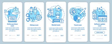 Mobil uygulama sayfası ekranında lineer kavramları olan dolandırıcı tipleri. Çevrimiçi alım ve kiralama dolandırıcılığı. Beş aşamalı grafik talimatlar. Ux, Ui, resimli Gui vektör şablonu