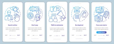 Mobil uygulama sayfa vektör şablonu üzerinde dolandırıcılık önleme. Çevrimiçi. Doğrusal çizimler içeren web sitesi adımları. Ux, Ui, Gui akıllı telefon arayüzü kavramı