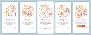 Mobil uygulama sayfa vektör şablonu üzerinde dolandırıcılık önleme. Doğrusal çizimler içeren web sitesi adımları. Çevrimiçi. Ux, Ui, Gui akıllı telefon arayüzü kavramı