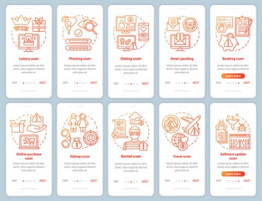 Mobil uygulama sayfa vektör şablonu üzerindeki scam türleri. E-posta sahteciliği. Doğrusal çizimler içeren web sitesi adımları. Seyahat, bankacılık dolandırıcılığı. Ux, Ui, Gui akıllı telefon arayüzü kavramı