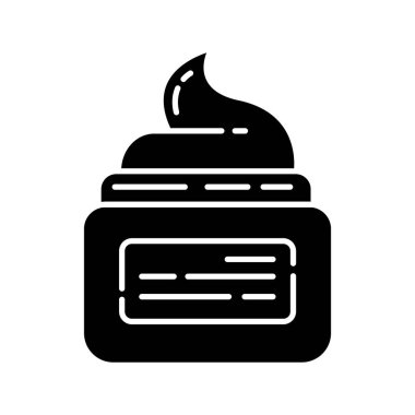 Nemlendirici krem sembolü. Bakım sonrası bakım ürünlerini kavanoza koyuyorum. Vücut losyonu, cilt bakımı. Profesyonel güzellik tedavisi kozmetik ürünleri. Siluet sembolü. Boşluk yok. Vektör izole illüstrasyonu