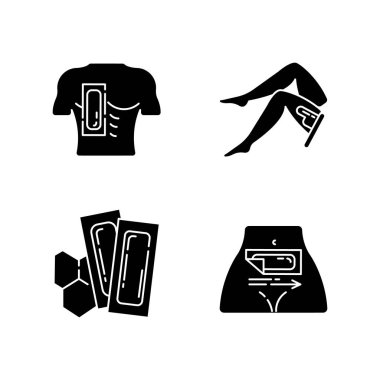 Yumuşak kabartma simgeleri ayarlandı. Göğüs, bacak, bantlı göbek kılları. Balmumu şeritleri. Vücut tüy dökümü. Profesyonel güzellik tedavisi kozmetik ürünleri. Siluet sembolleri. Vektör izole illüstrasyonu