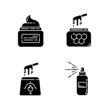 Doğal ağda sembolleri seti. Kavanozda sıcak, yumuşak, bal mumu. Saç temizleme ekipmanı. Epilasyon için vücut spreyi. Profesyonel güzellik kozmetiği. Siluet sembolleri. Vektör izole illüstrasyonu