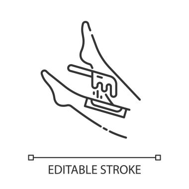 Shin sıcak ağda doğrusal simgesi. Bacak kılı çıkarma prosedürü. Doğal, yumuşak, soğuk balmumu şeritli. İnce çizgili çizim. Contour sembolü. Vektör izole çizim. Düzenlenebilir vuruş