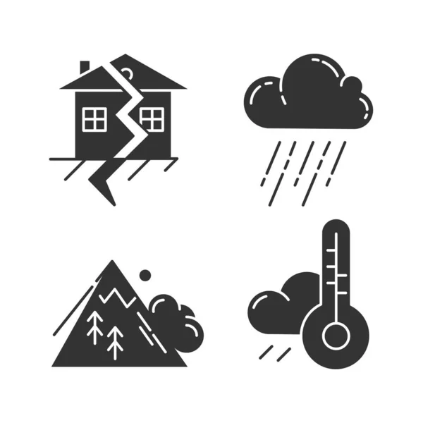 Naturkatastrophen Symbole Gesetzt Wettervorhersage Lawine Erdbeben Regenguss Umweltgefahren Zerstörerische Kraft — Stockvektor