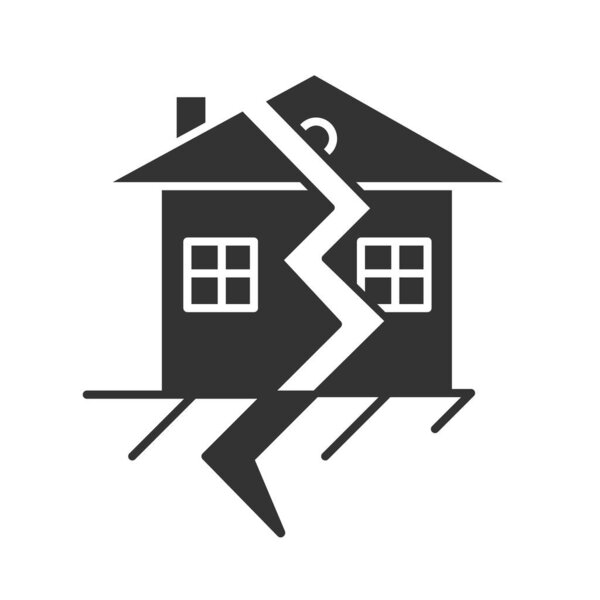 Знак символа землетрясения. Вытеснение земной поверхности. Стихийное Геологический разлом. Сейсмическая активность. Трещины в земле и доме. Символ силуэта. Негативное пространство. Векторная изолированная иллюстрация
