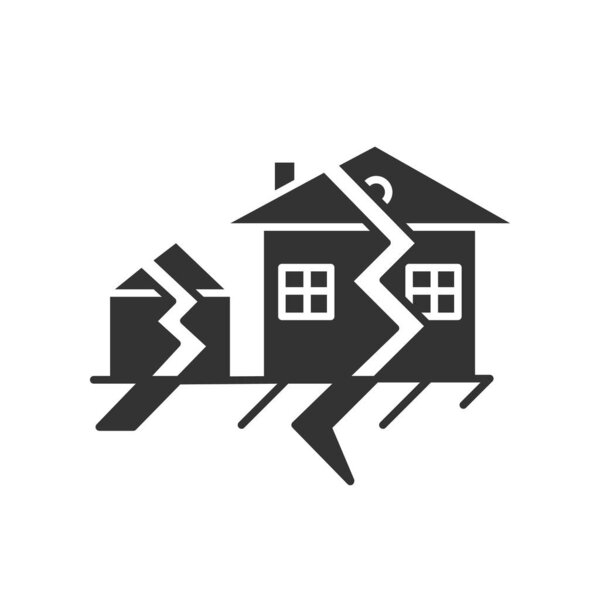 Знак символа землетрясения. Сейсмическая активность. Разрушение темблерных зданий. Трещины в земле и домах. Стихийное Символ силуэта. Негативное пространство. Векторная изолированная иллюстрация
