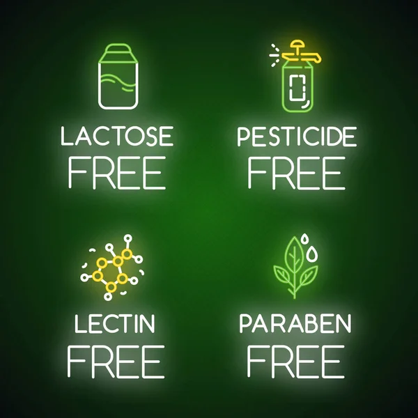 Conjunto Iconos Luz Neón Ingrediente Libre Producto Sin Lactosa Pesticida — Vector de stock