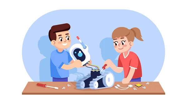 Roboterkurs Für Kinder Flache Vektor Illustration Lernmechanik Elektronik Mit Konstrukteur — Stockvektor