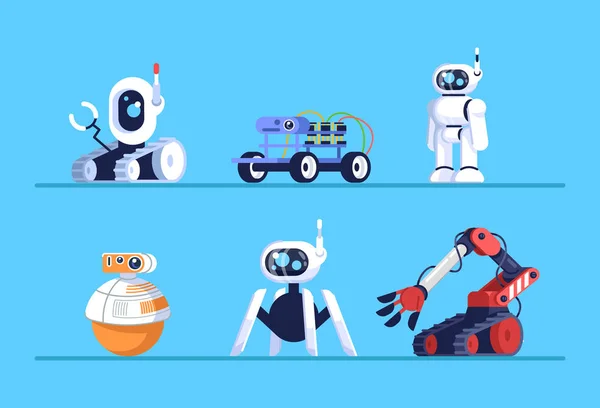 Robotok Lapos Vektor Illusztrációk Beállítva Droidok Kerekeken Lábakkal Okos Rendszerek — Stock Vector