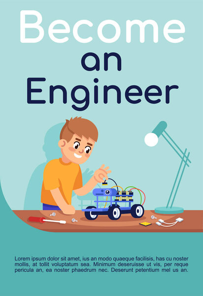 Пришел инженер с плакатом. Электронный конструктор. Брошюра, обложка, дизайн страницы буклета с плоскими иллюстрациями. Роботизированный клуб. Рекламный флаер, листовка, идея оформления баннера
