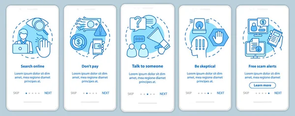 Prevención Estafas Onboarding Pantalla Página Aplicación Móvil Con Conceptos Lineales — Archivo Imágenes Vectoriales