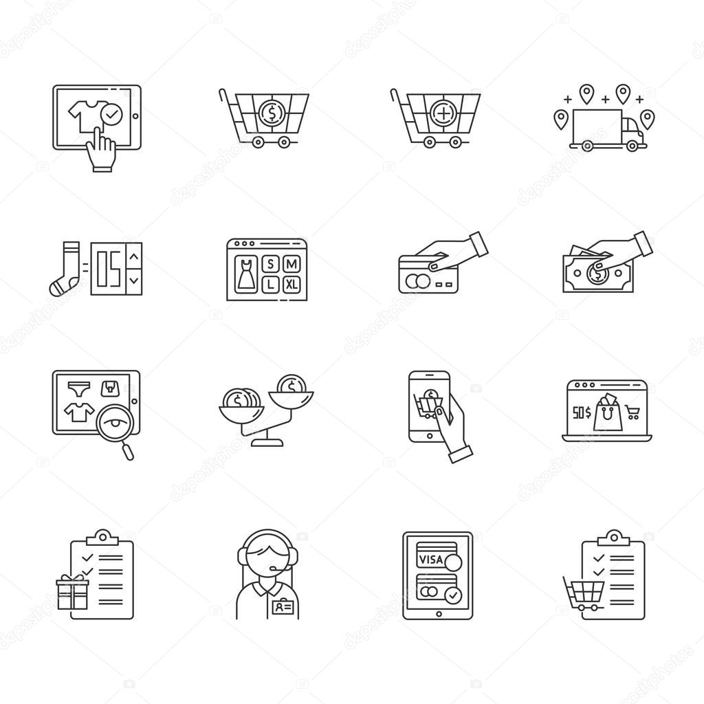 Buying goods online linear icons set. Ordering products in internet store. Payment by card and cash. Digital shopping. Thin line contour symbols. Isolated vector outline illustrations. Editable stroke
