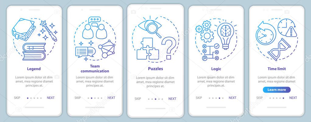 Escape room blue gradient onboarding mobile app page screen with linear concepts. Quest game. Teamwork, logic. Walkthrough steps graphic instructions. UX, UI, GUI vector template with illustrations