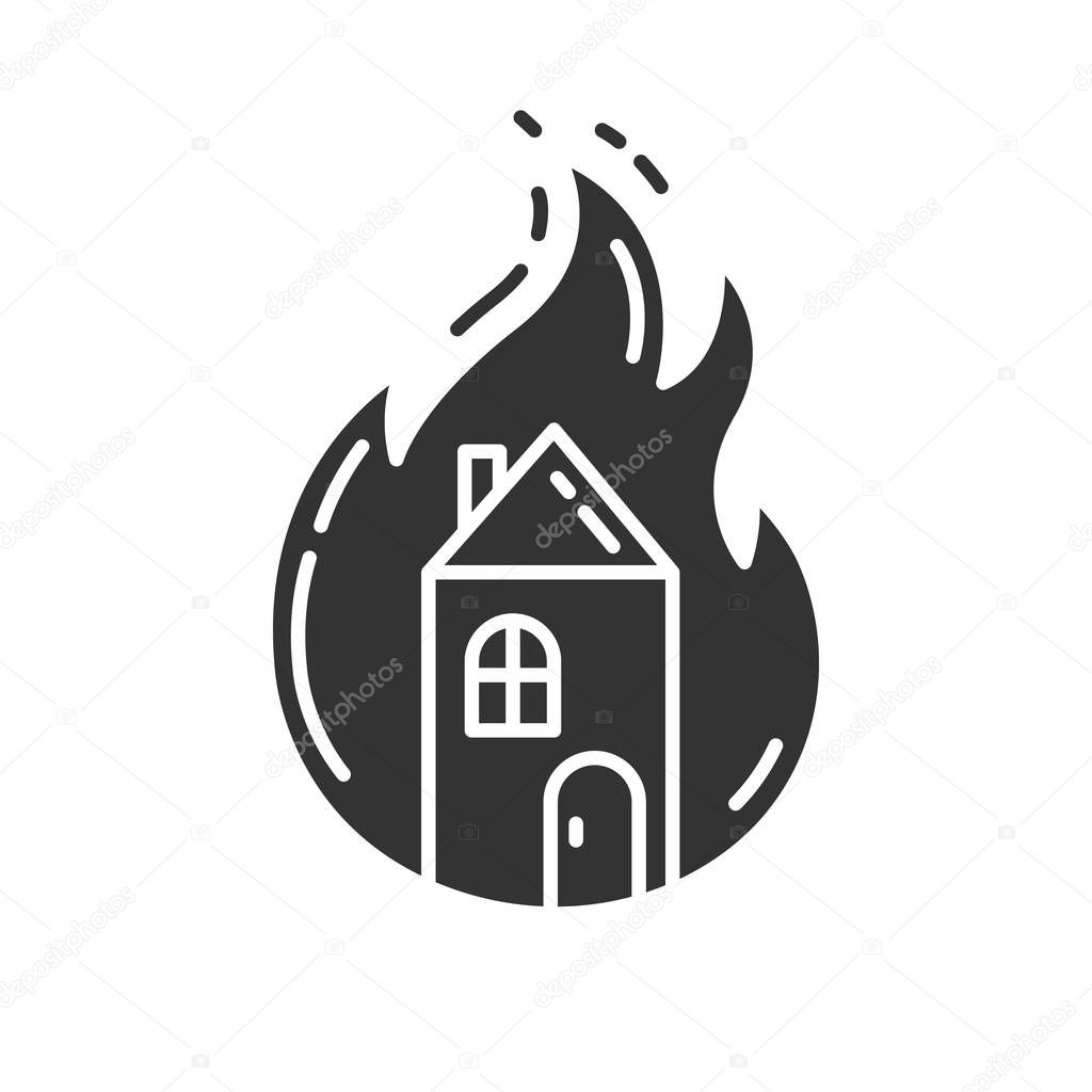 House on fire glyph icon. Burning building. Arson of property. Home combustion. Dwelling conflagration. Ignoring fire safety regulation. Silhouette symbol. Negative space. Vector isolated illustration